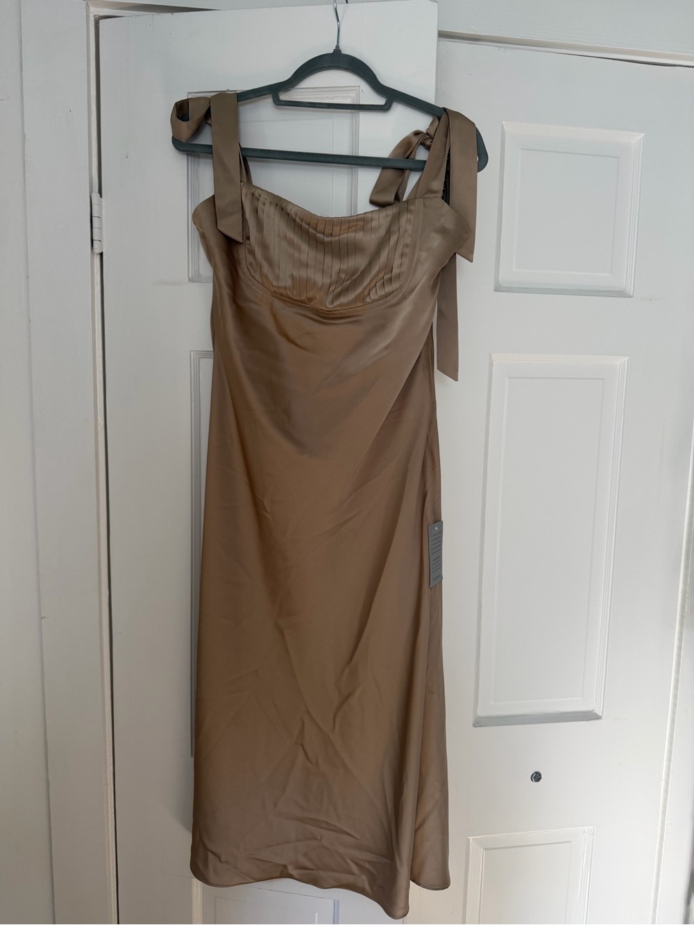Lavish Alice Taupe Satin Tie-Strap Midi Dress